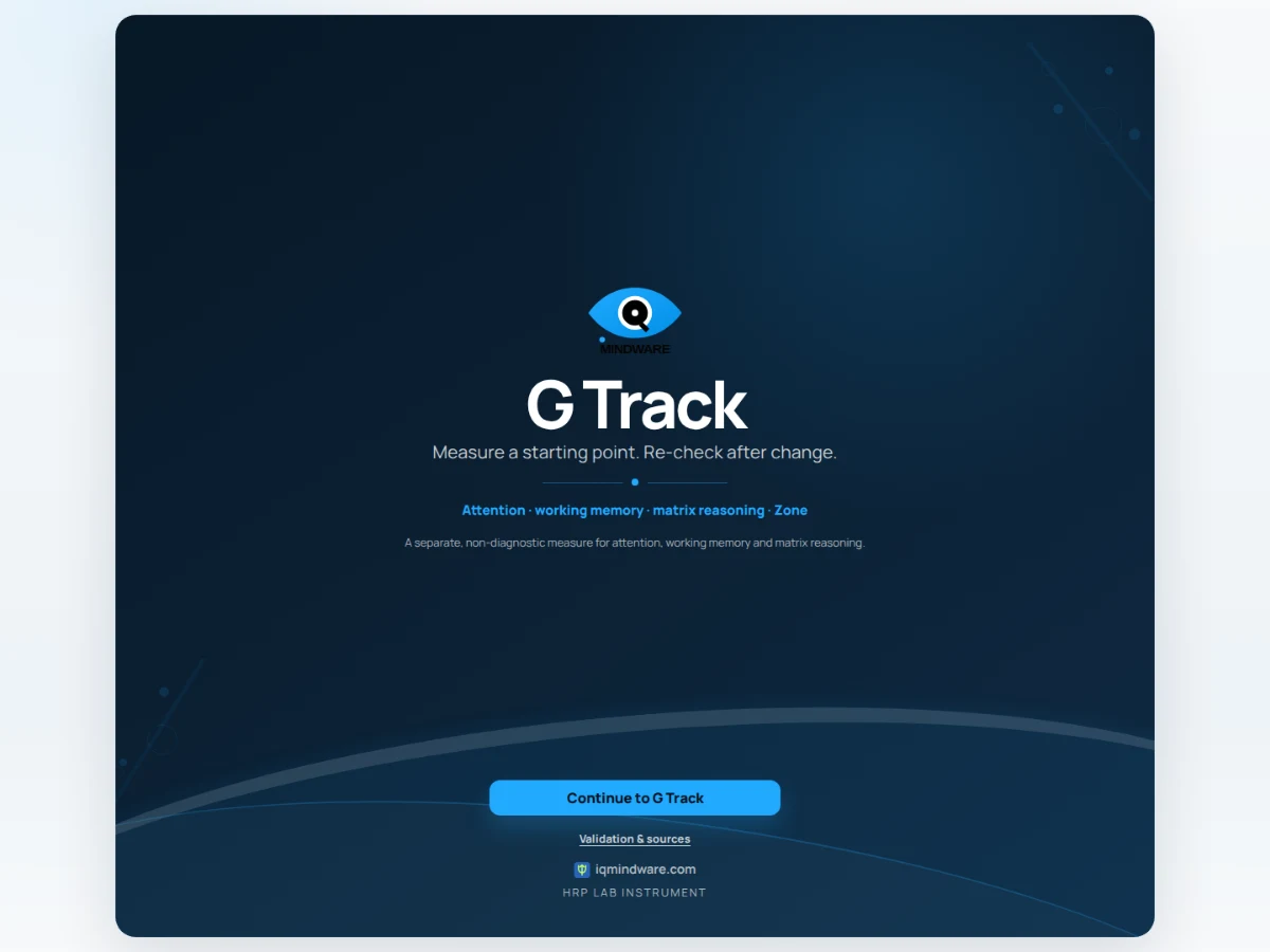 G Track welcome screen: Measure a starting point. Re-check after change.