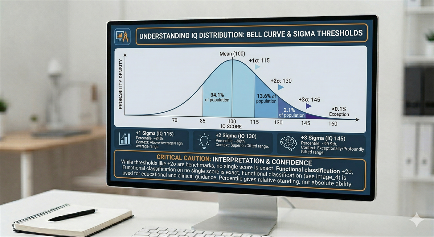 123 sigma IQ bell curve benchmark chart showing one, two, and three standard-deviation targets