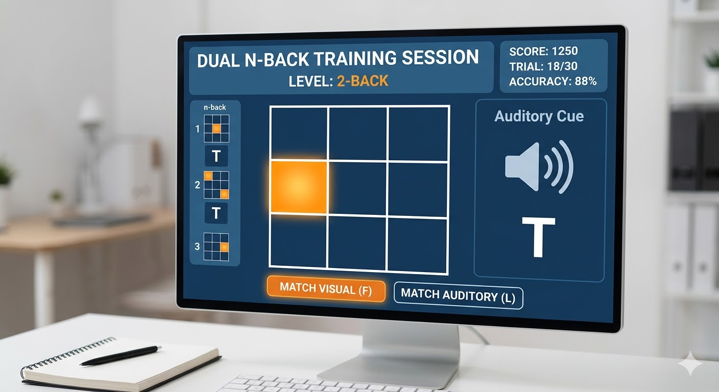 Dual N-Back training interface example showing block structure for attention control and progression review