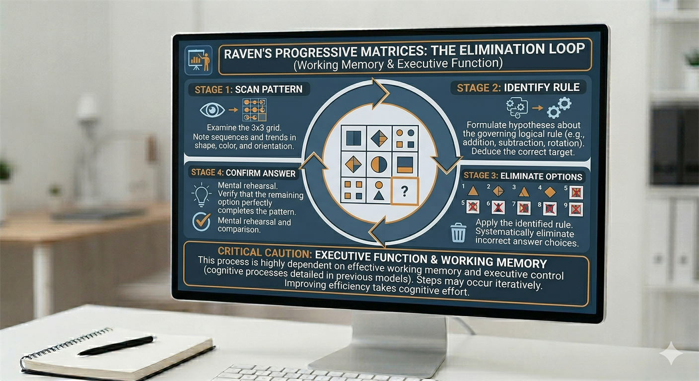 Raven's Progressive Matrices worked example image for elimination-loop training and pattern-reasoning accuracy