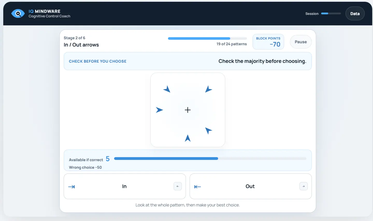 Cognitive Control Coach In and Out arrows task showing five directional signals, two response choices and a changing points bar