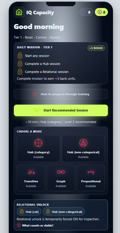 Capacity Gym home screen showing session routing and training recommendations