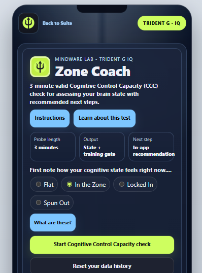 Zone Coach start screen with state check options and instructions