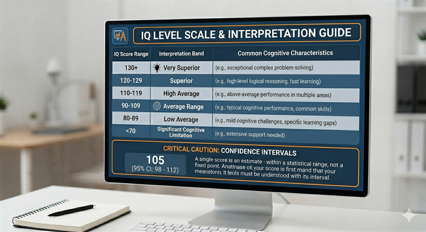 IQ level scale visual with range bands and practical interpretation cautions